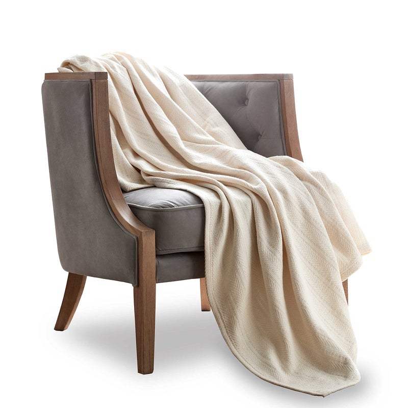 Vellux 1B07215 Cotton 360 GSM Premium Breathable Cozy Lightweight Soft Chevron Weave Herringbone Blanket Machine Washable Bed Sofa All Seasons Layering Blankets, Twin, Ivory - Image 1
